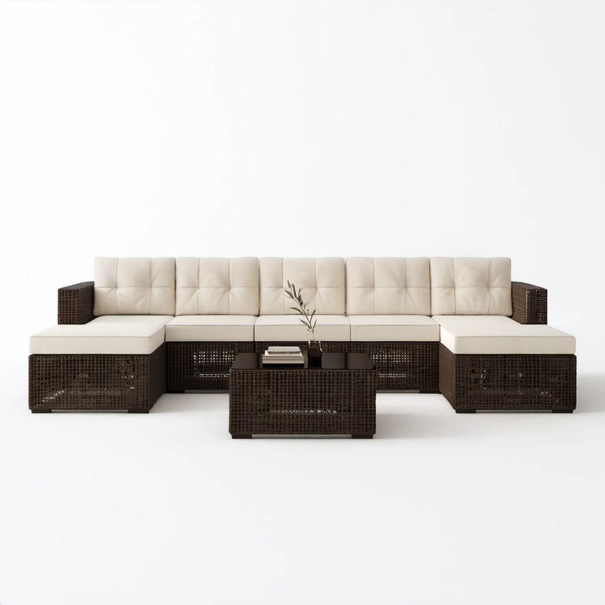 Modułowy zestaw wypoczynkowy ogrodowy w kształcie U z technorattanu, brązowo-kremowy, 330 × 210 × 63 cm