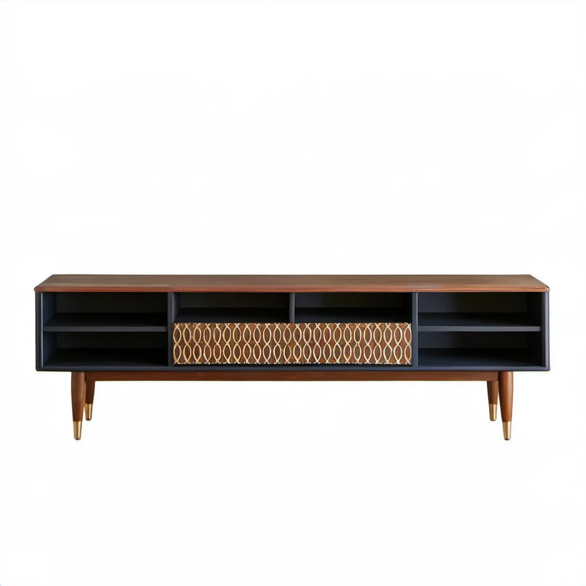 Szafka RTV 180 x 40 x 60 cm w kolorze orzechowym, czarnym i złotym