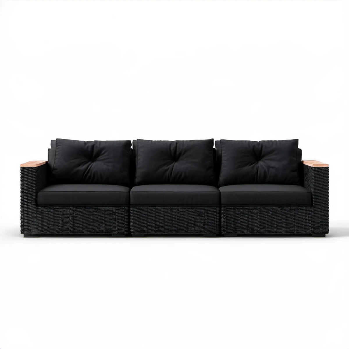 Czarna sofa ogrodowa 3-osobowa z technorattanu PE, 205 x 70 x 63 cm, z brązowymi podłokietnikami