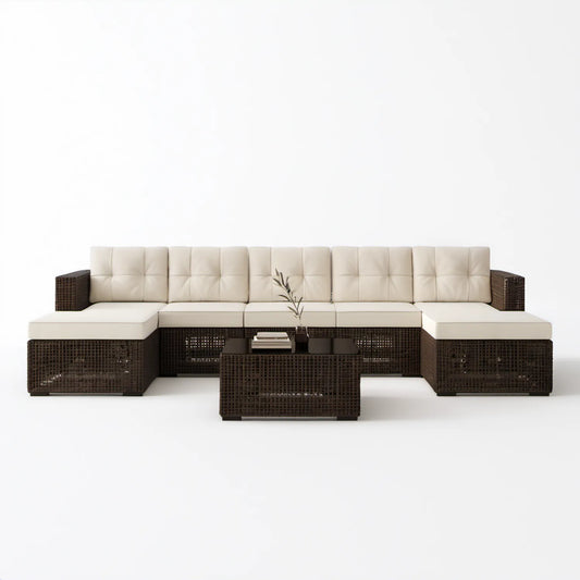 Modułowy zestaw wypoczynkowy ogrodowy w kształcie U z technorattanu, brązowo-kremowy, 330 × 210 × 63 cm