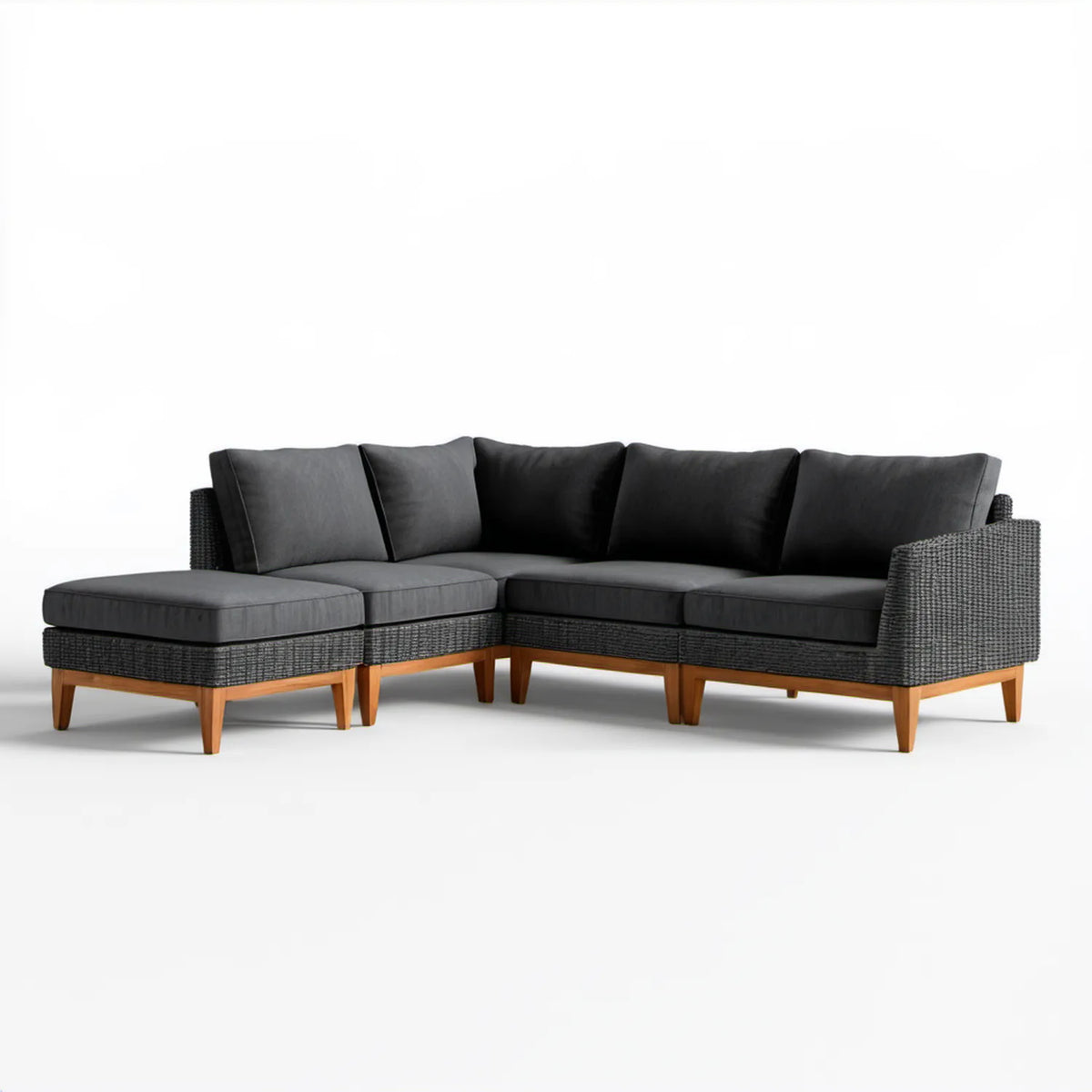 Narożna sofa ogrodowa w kształcie L 280 x 210 x 85 cm z technorattanu PE i drewna akacjowego, grafitowo-czarna
