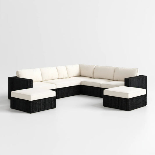7-częściowa modułowa sofa ogrodowa w kształcie U z technorattanu PE, czarno-kremowa, moduły 70 x 70 x 60 cm, pufy 70 x 70 x 29 cm