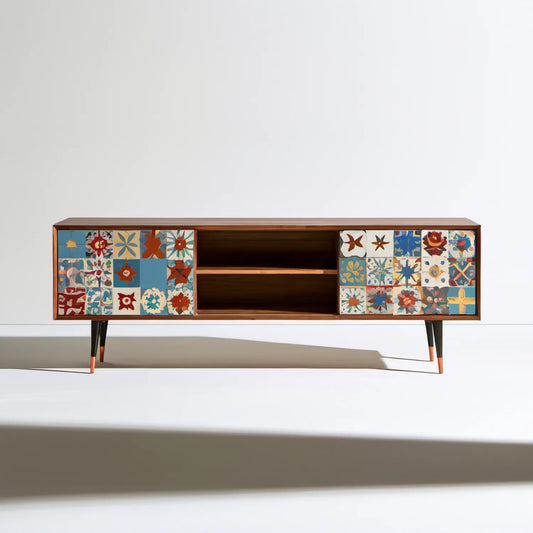 Szafka RTV retro z dekoracyjnymi frontami, orzechowa, 180 × 40 × 75 cm
