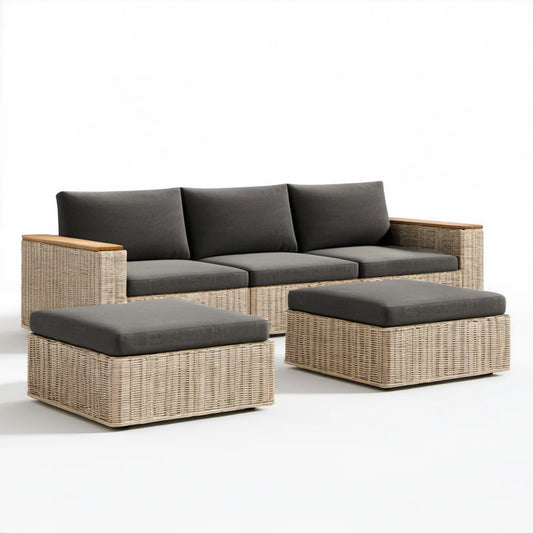 Ogrodowy zestaw z sofą 3-osobową i 2 pufami z technorattanu PE, beżowy/antracytowy, sofa 220 × 85 × 75 cm
