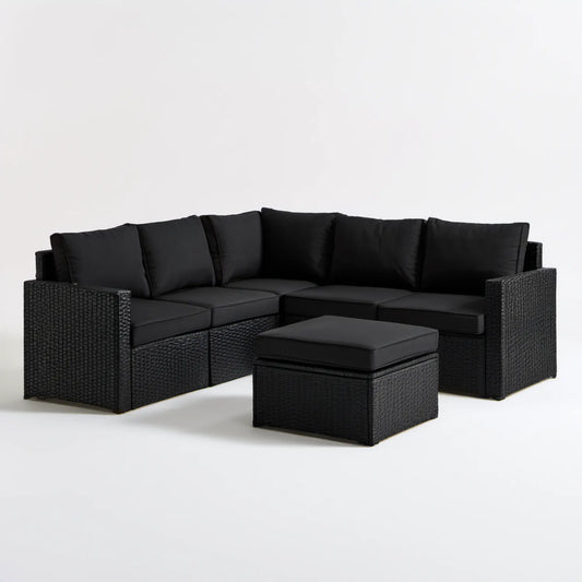 Czarny narożnik modułowy w kształcie L z pufą 210 x 210 x 70 cm, plecionka PE