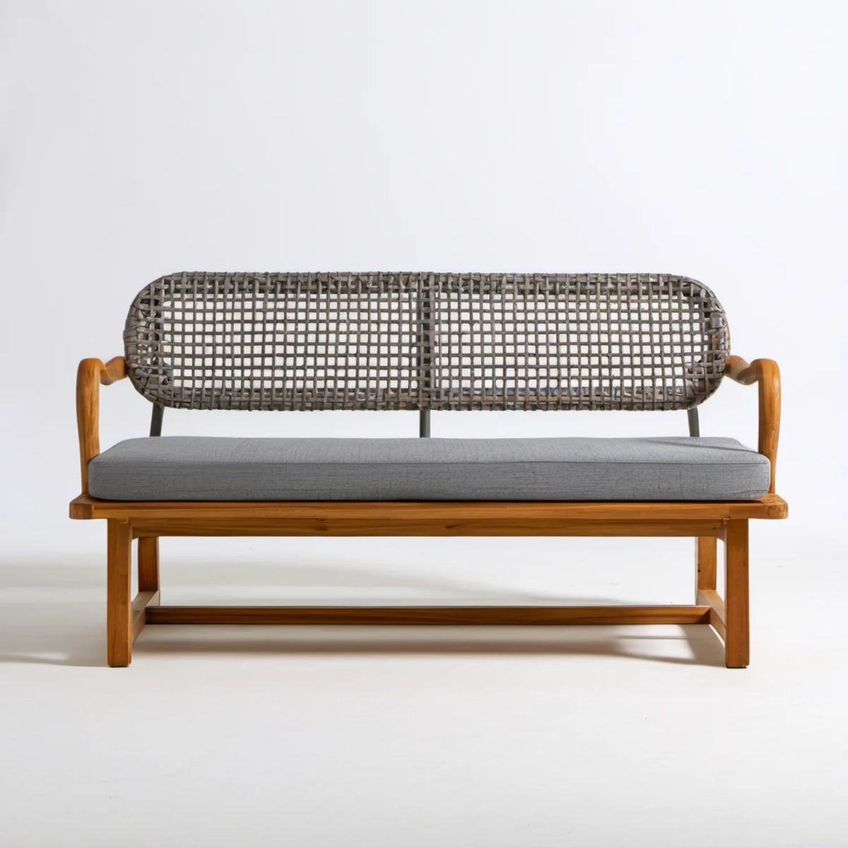 Dwuosobowa ławka ogrodowa z drewna akacjowego i plecionki PE, brązowo-szaro-ciemnoszara, 160 x 65 x 85 cm