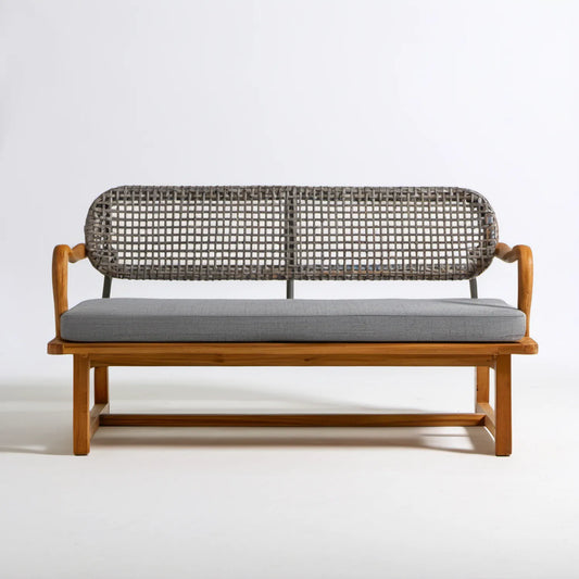 Dwuosobowa ławka ogrodowa z drewna akacjowego i plecionki PE, brązowo-szaro-ciemnoszara, 160 x 65 x 85 cm