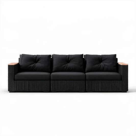 Czarna sofa ogrodowa 3-osobowa z technorattanu PE, 205 x 70 x 63 cm, z brązowymi podłokietnikami